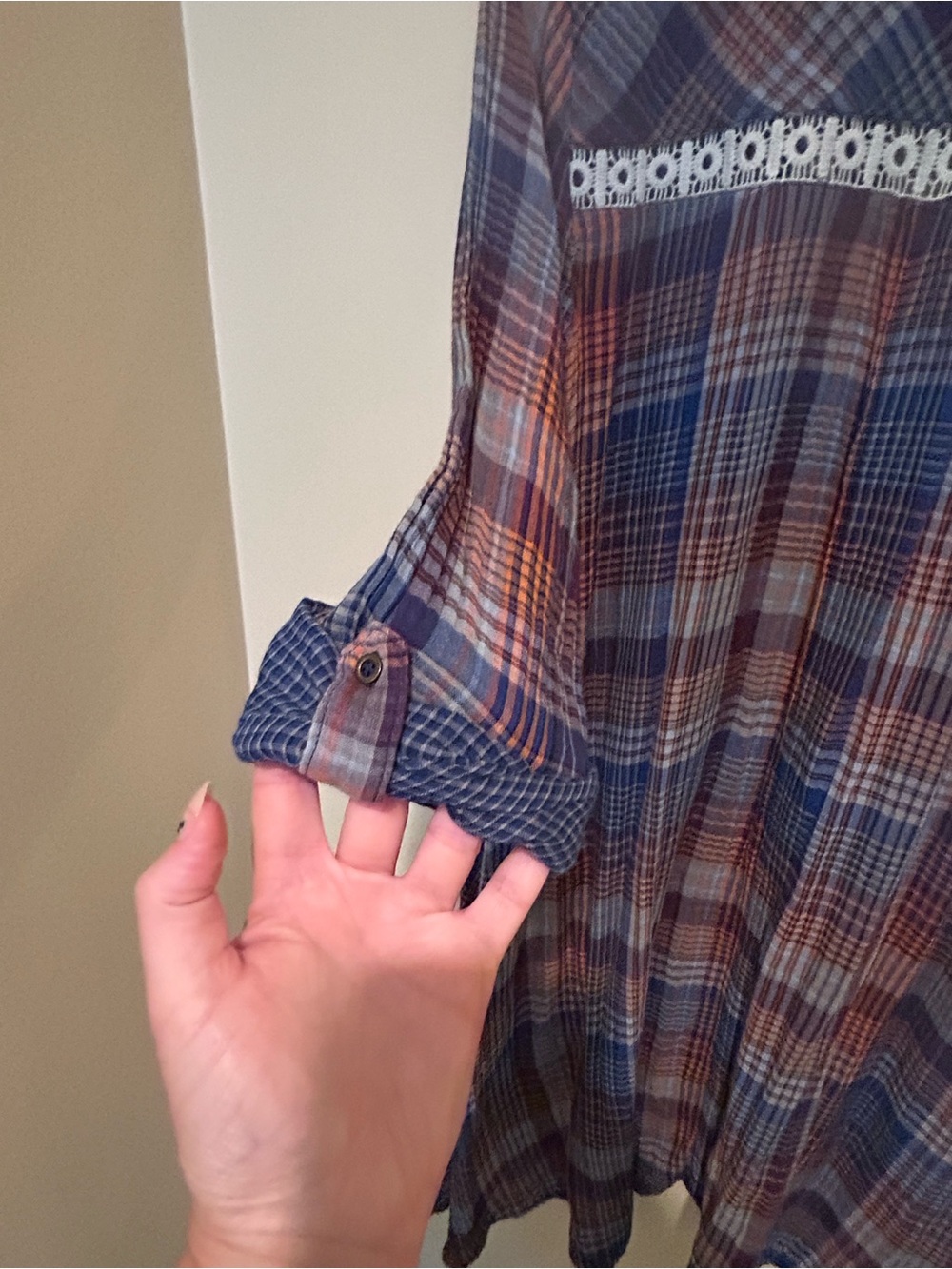 Holding Horses Anthropologie Plaid Crochet Blue Patterned Dress Size Small - Picture 6 of 8